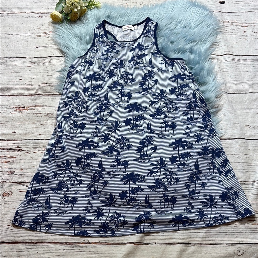 Vineyard Vines Tropical Palm Print Racerback Swing Dress Nlue Sz L